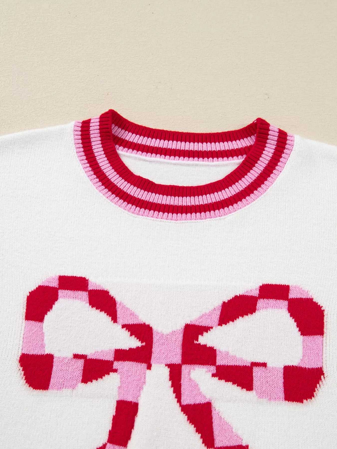 Striped Trim Bow Graphic Round Neck Drop Shoulder Sweater