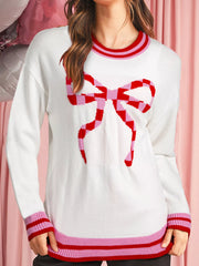 Striped Trim Bow Graphic Round Neck Drop Shoulder Sweater White / S