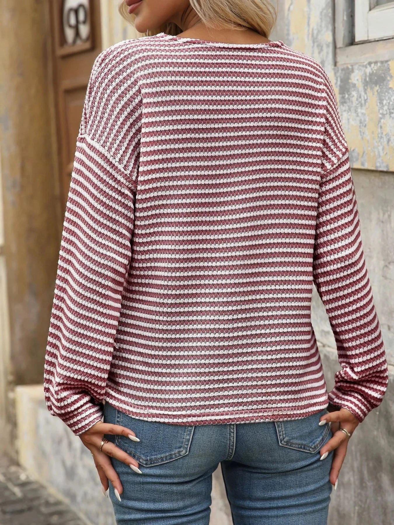 Striped V-Neck Button Front Casual Top