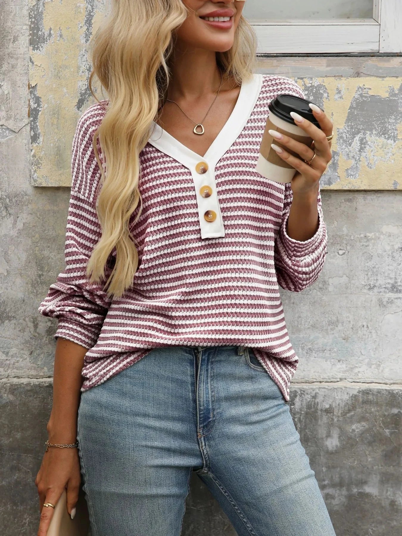 Striped V-Neck Button Front Casual Top