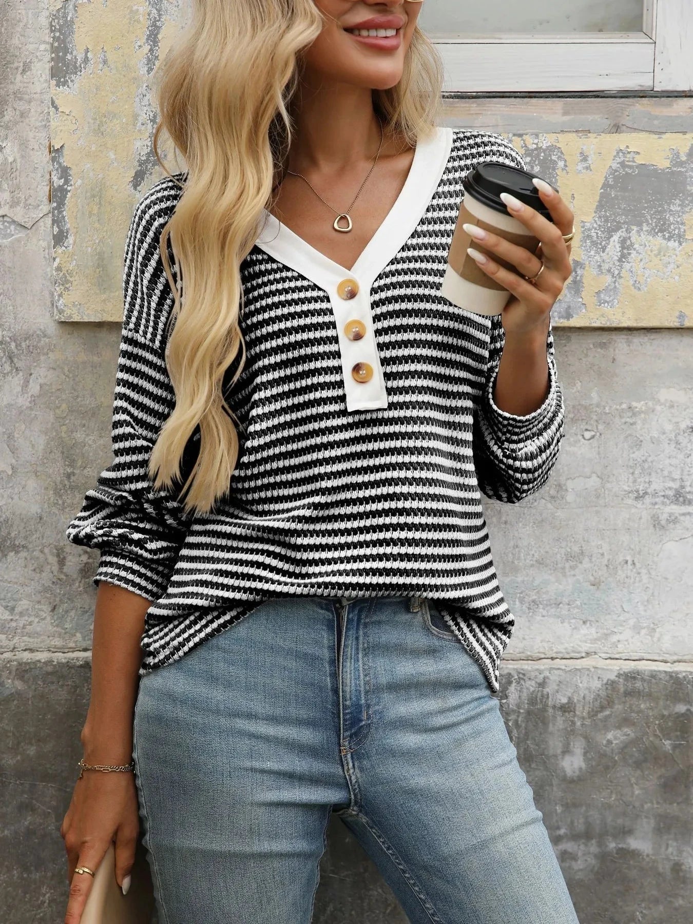 Striped V-Neck Button Front Casual Top Black / S