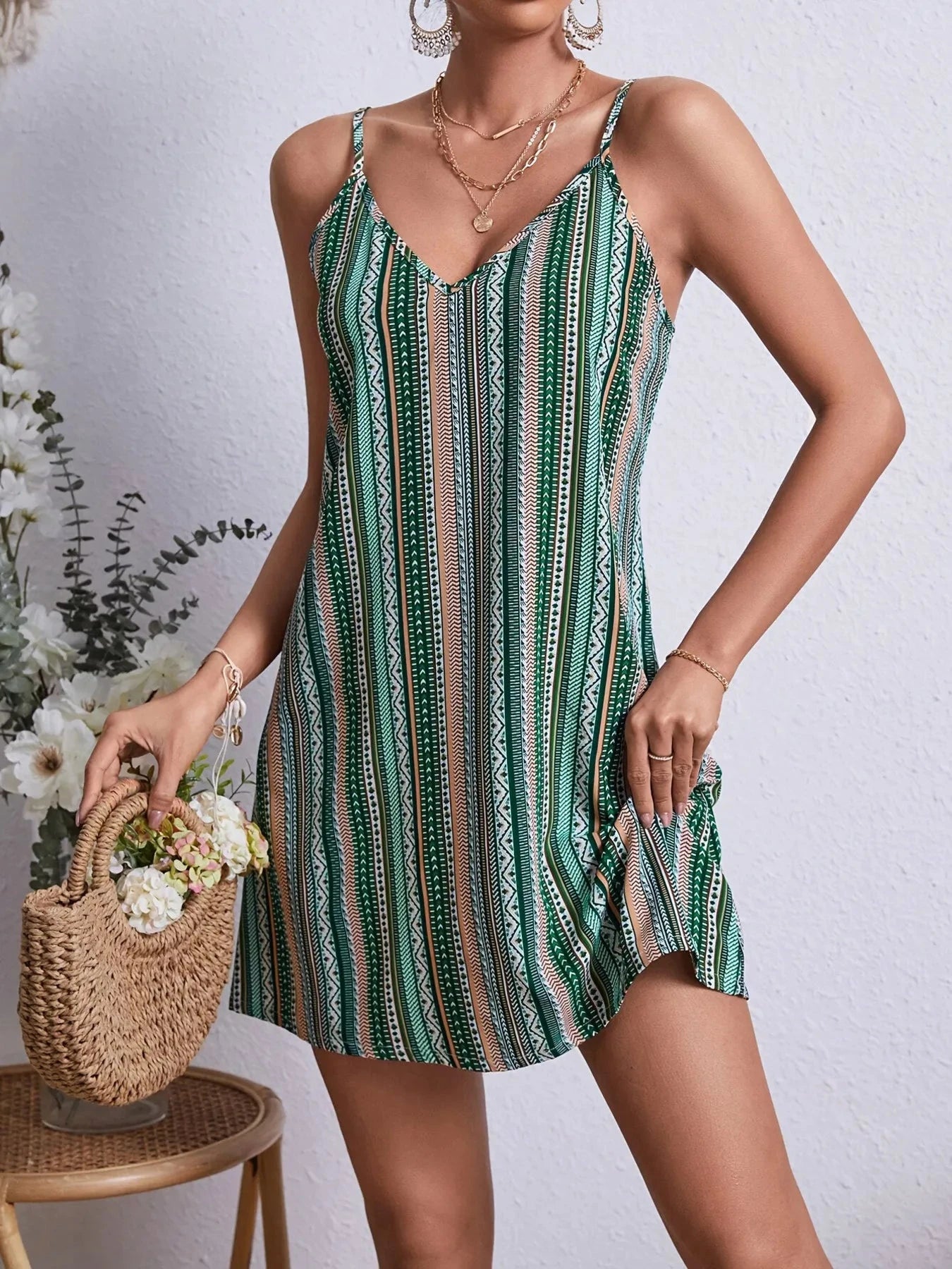 Striped V-Neck Cami Dress