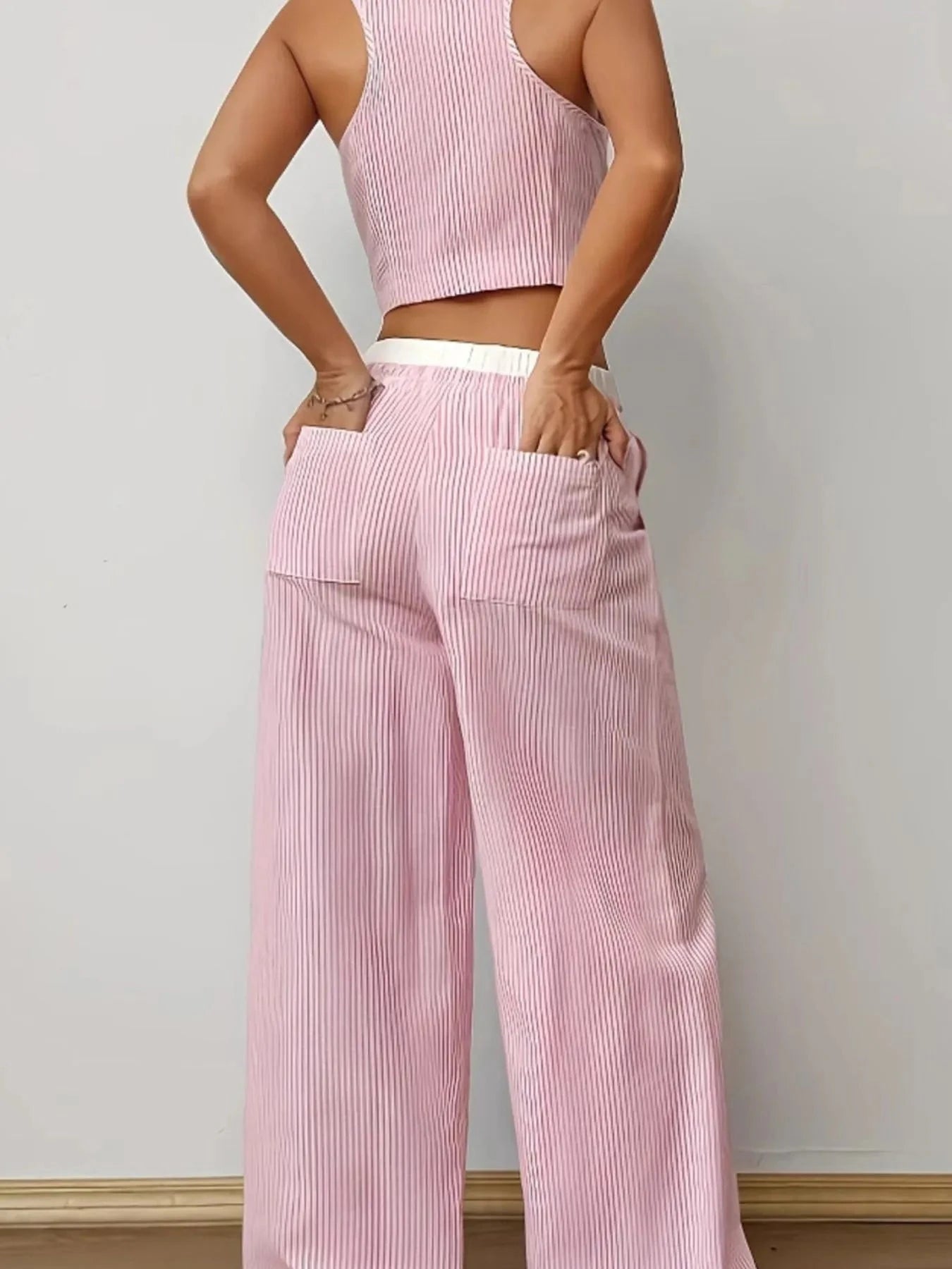 Striped Vest Top and Wide Leg Pants Two-Piece Set