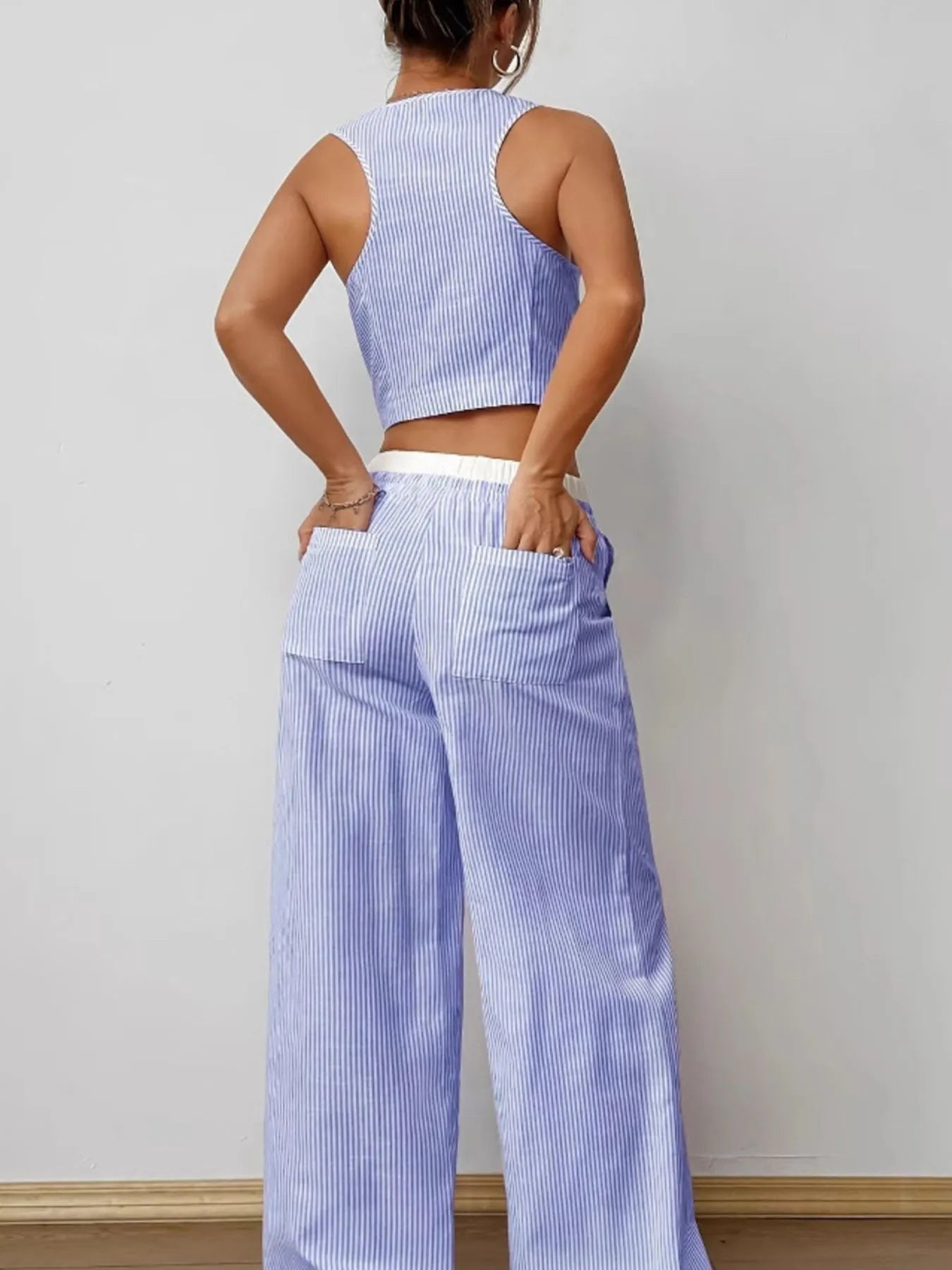 Striped Vest Top and Wide Leg Pants Two-Piece Set