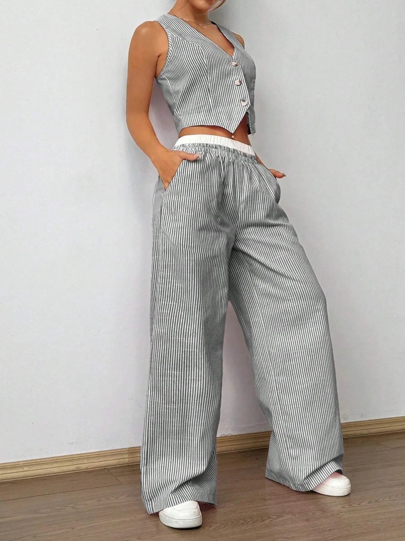 Striped Vest Top and Wide Leg Pants Two-Piece Set
