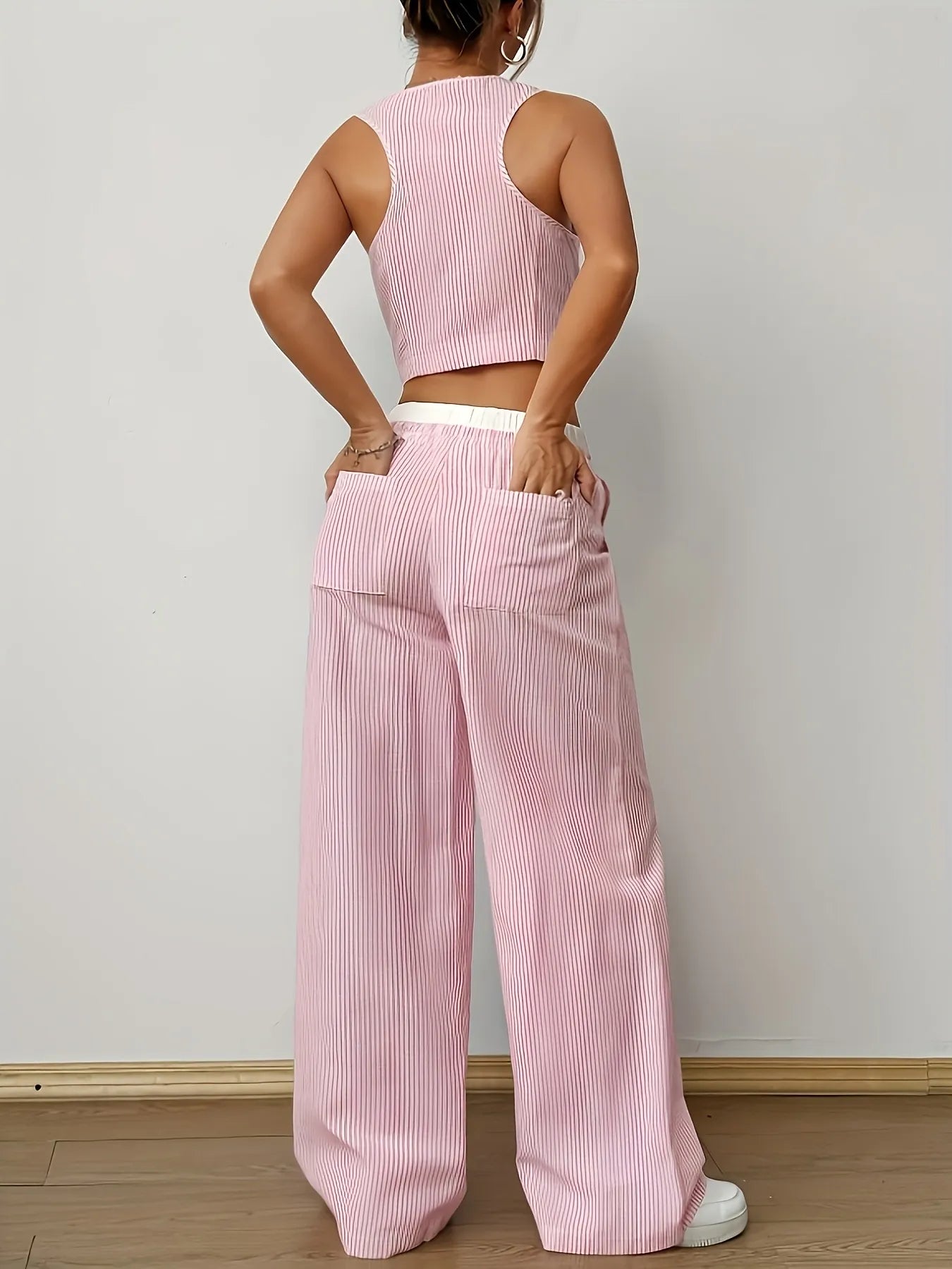 Striped Vest Top and Wide Leg Pants Two-Piece Set