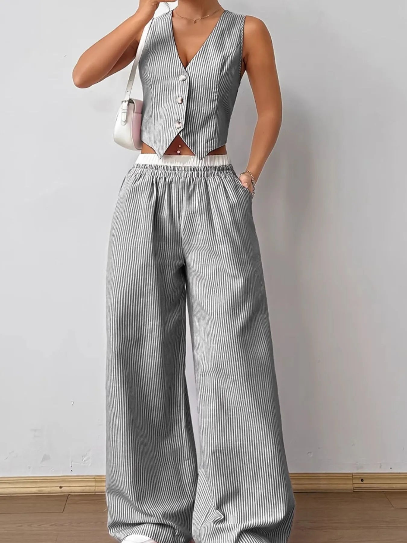 Striped Vest Top and Wide Leg Pants Two-Piece Set Dark Gray / S