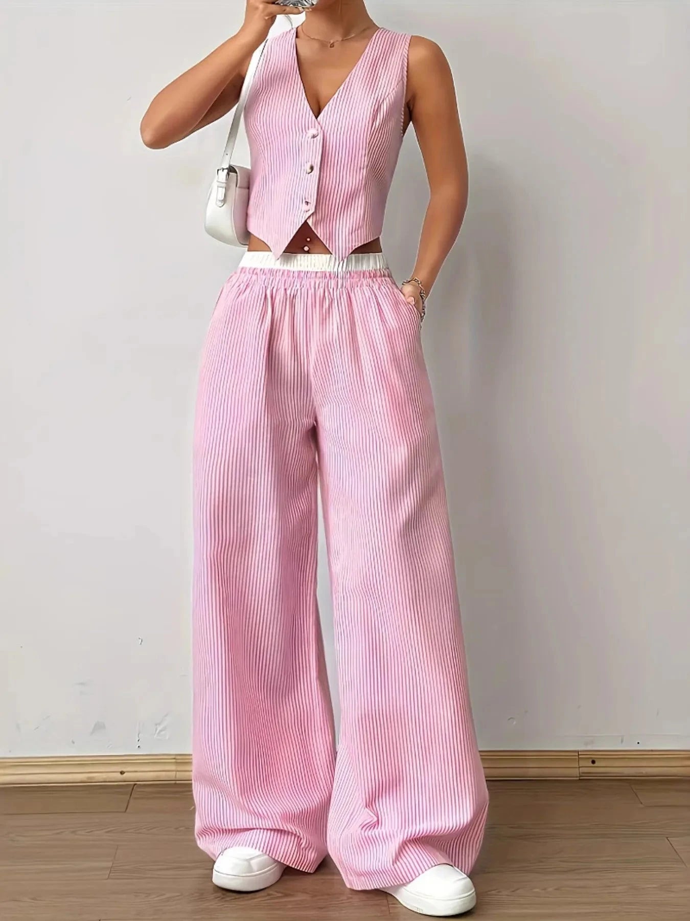 Striped Vest Top and Wide Leg Pants Two-Piece Set Pink / S