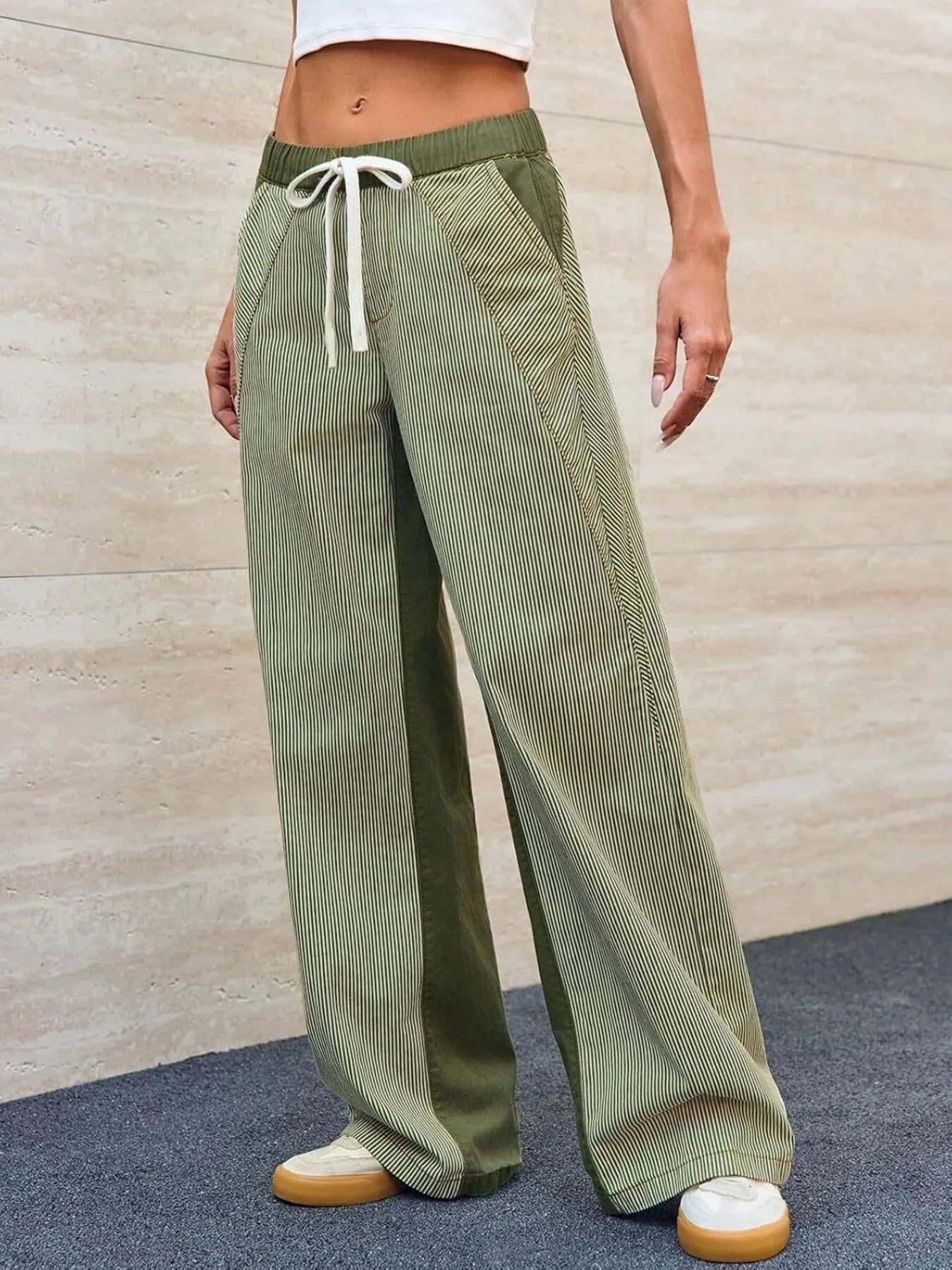 Striped Wide Leg Jeans Army Green / S