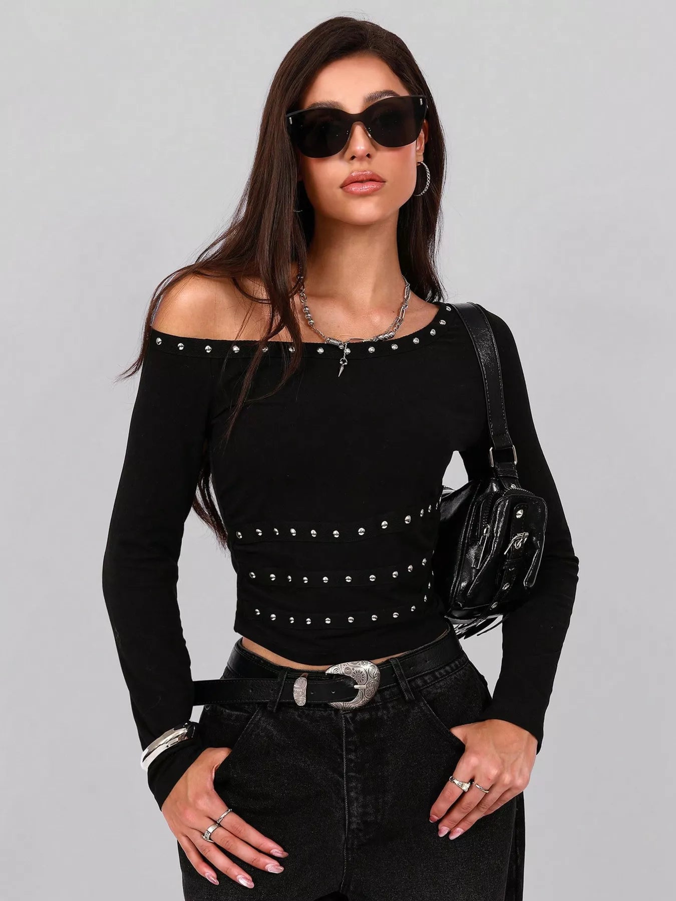 Studded One Shoulder Long Sleeve T-Shirt
