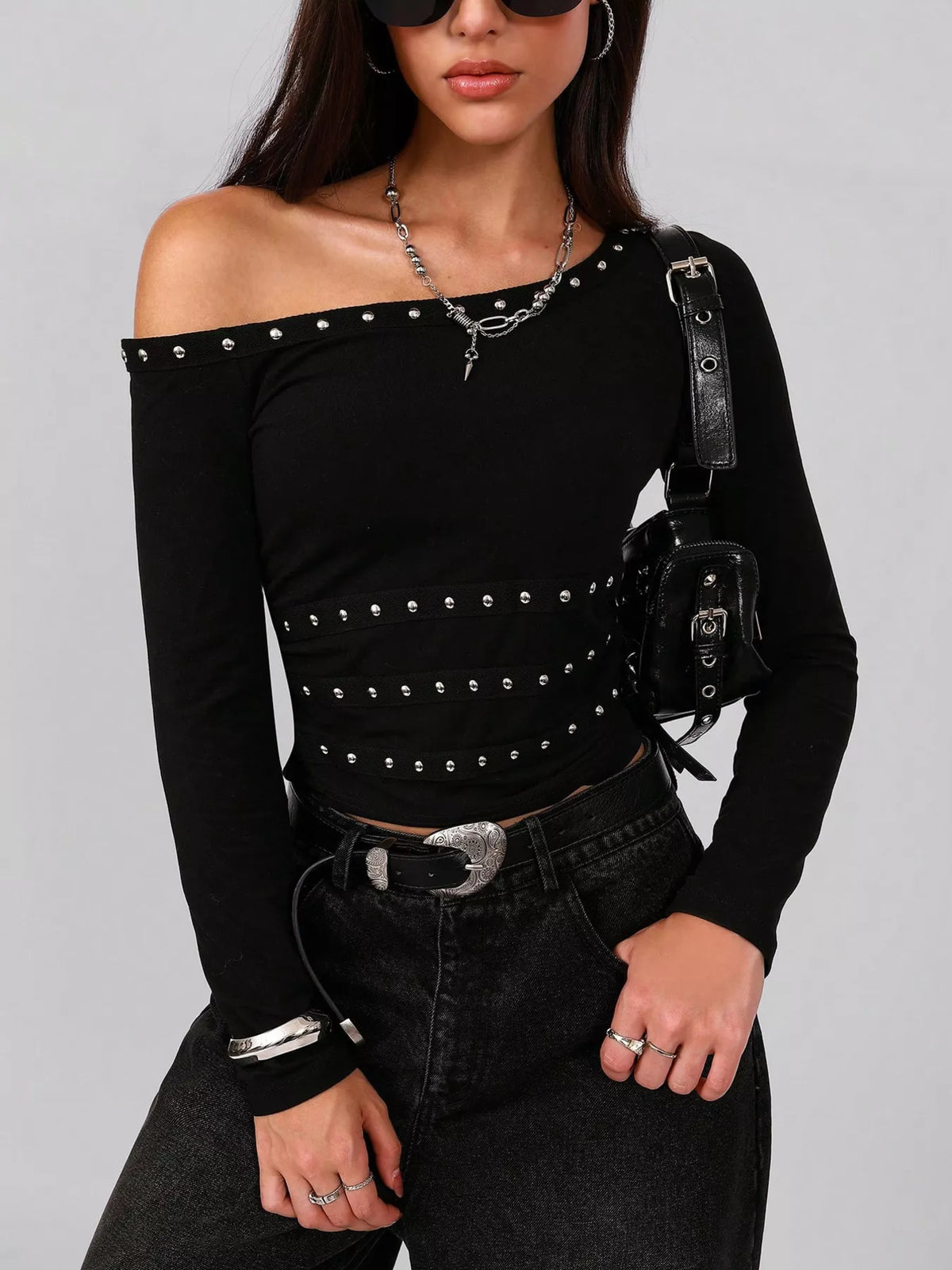 Studded One Shoulder Long Sleeve T-Shirt Black / S