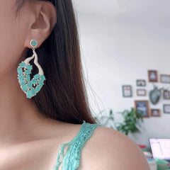 Studded Opal Gemstone Leaf Deco Statement Earrings Blue
