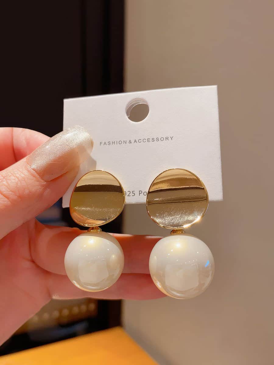 Stylish Gold Tone Disc Top Earrings with Iridescent Cream Faux Pearl Spheres Gold