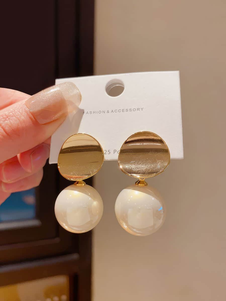 Stylish Gold Tone Disc Top Earrings with Iridescent Cream Faux Pearl Spheres Gold