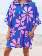 Summer Flower Print Shirt Collar Button Front Loose Romper
