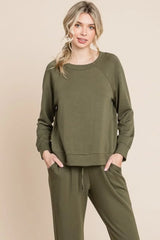 Super Lady Round Neck Raglan Sleeve Top and Pants Lounge Set Olive / S
