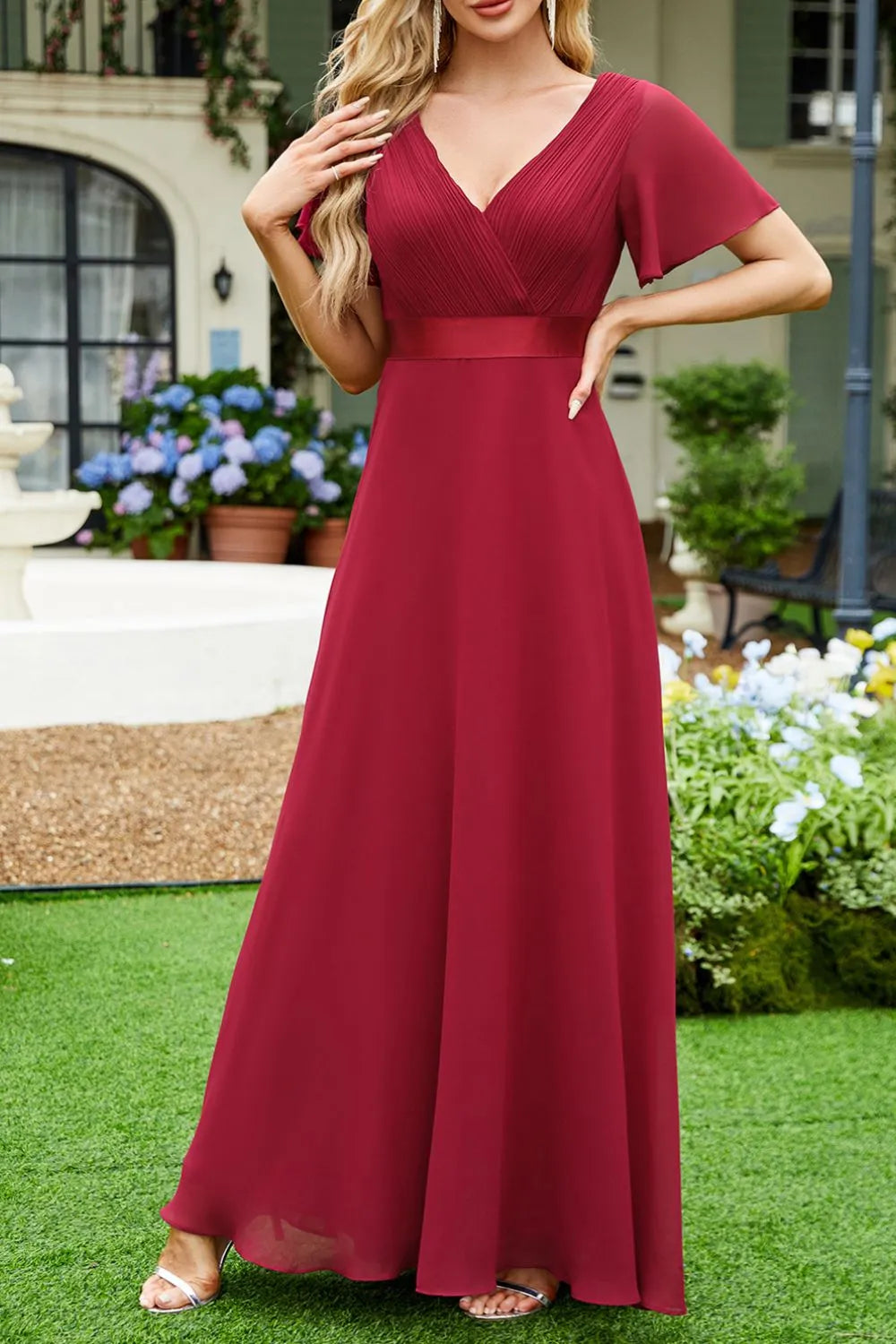 Surplice Flutter Sleeve Maxi Dress Burgundy / S