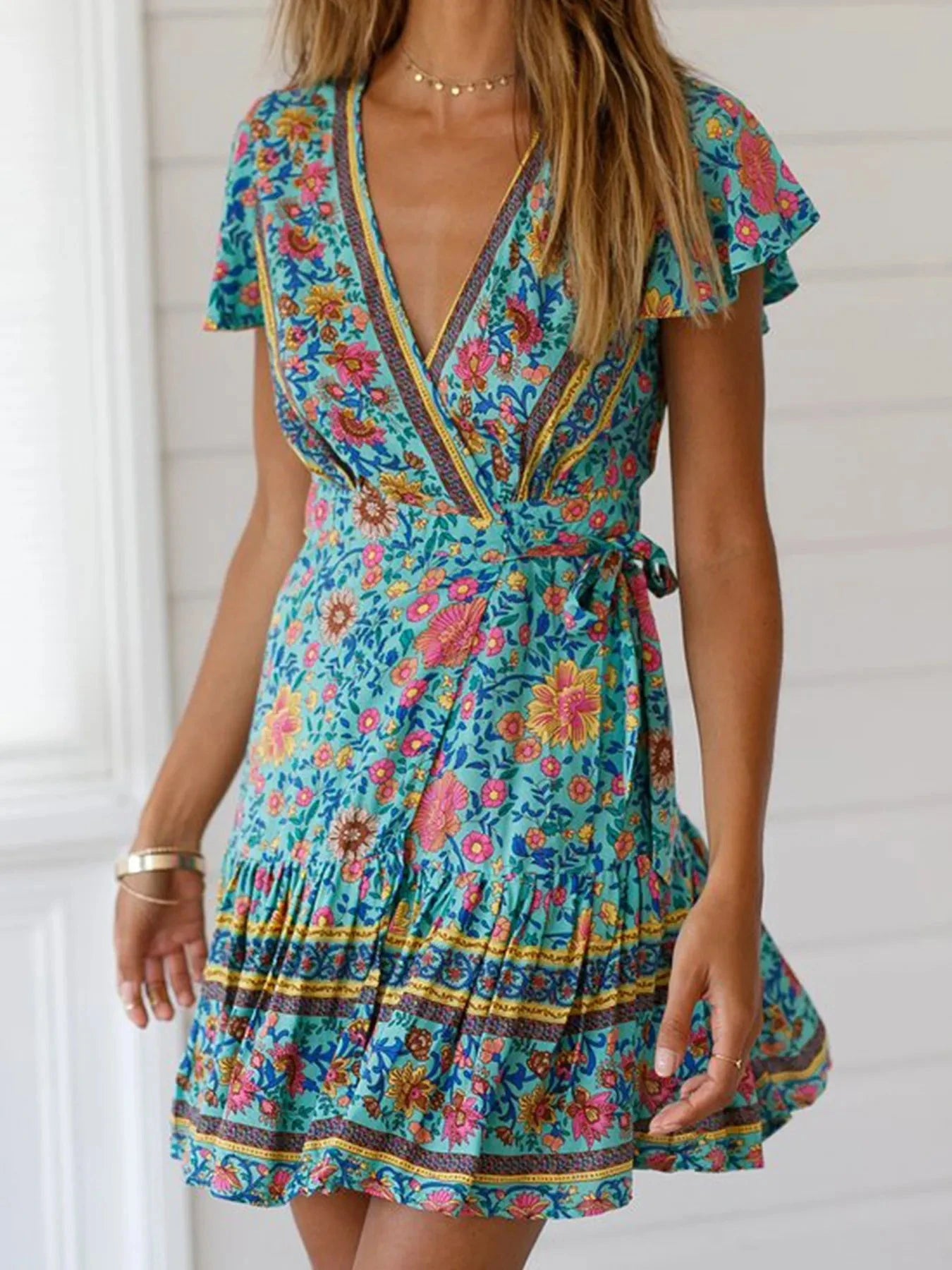 Surplice Flutter Sleeve Mini Dress