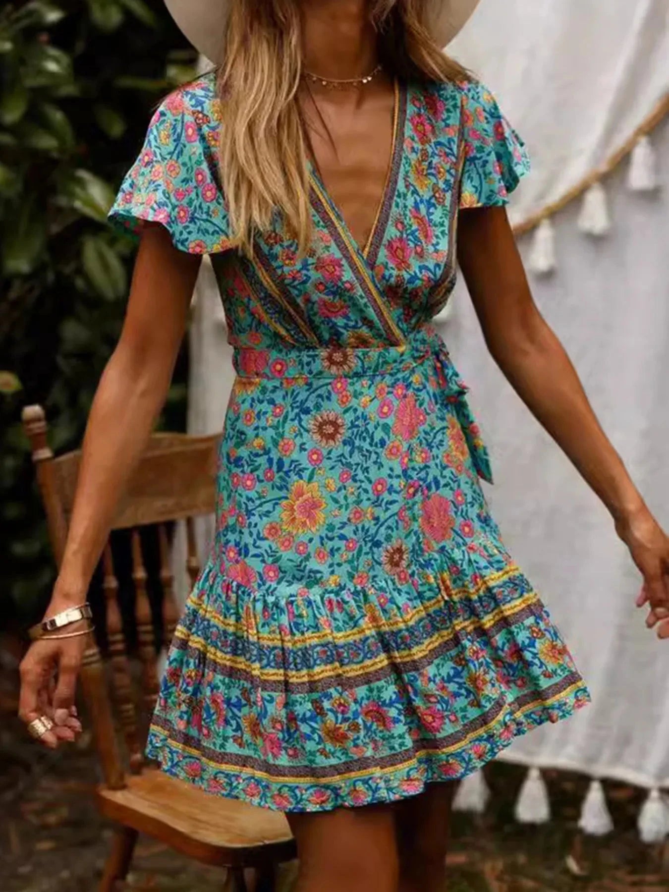 Surplice Flutter Sleeve Mini Dress