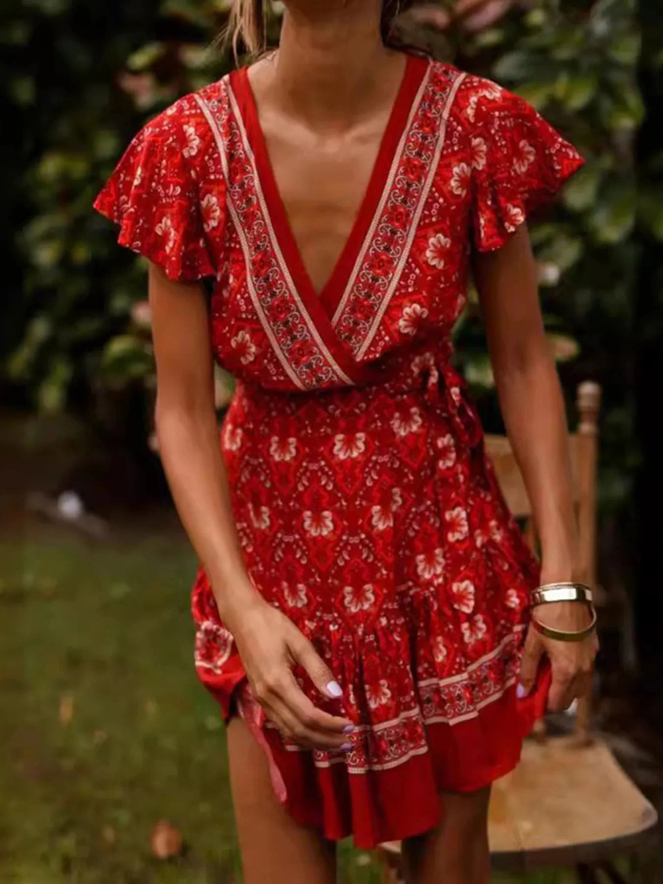 Surplice Flutter Sleeve Mini Dress