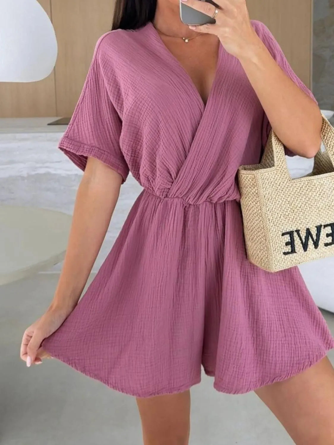 Surplice Half Sleeve Wrap Romper Pink / S