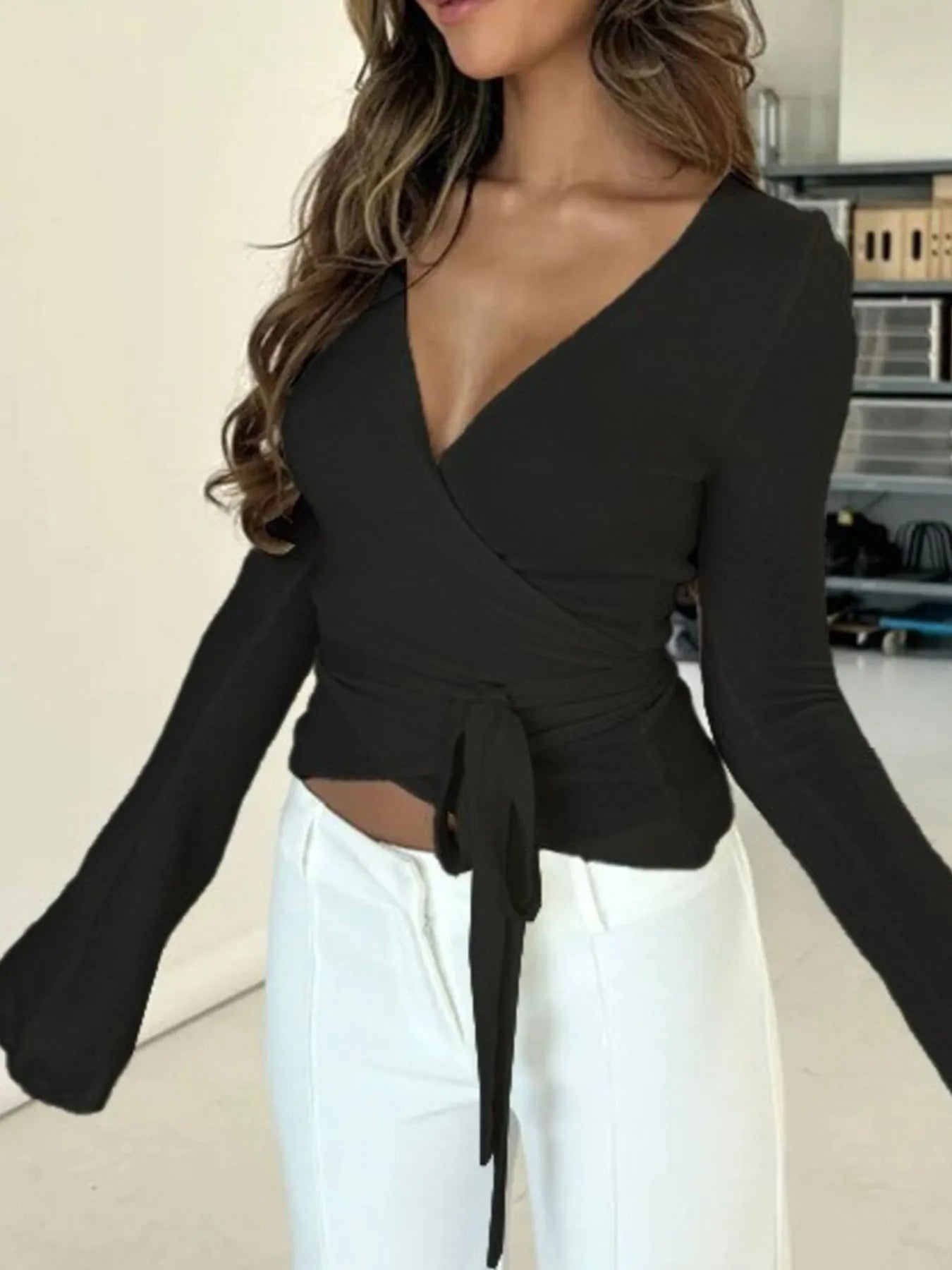 Surplice Long Sleeve Ruched Top