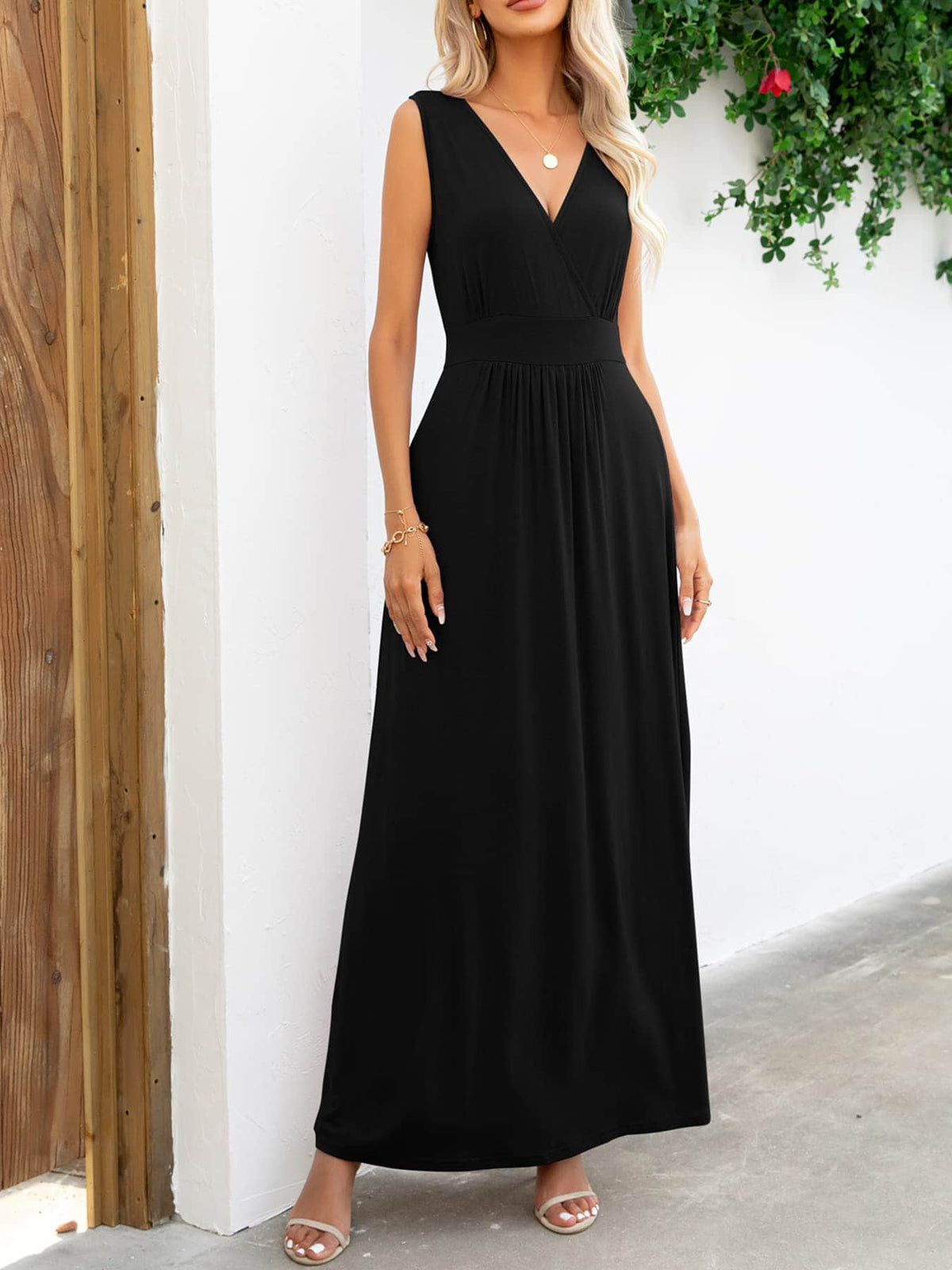 Surplice Neck Sleeveless Maxi Dress Black / S