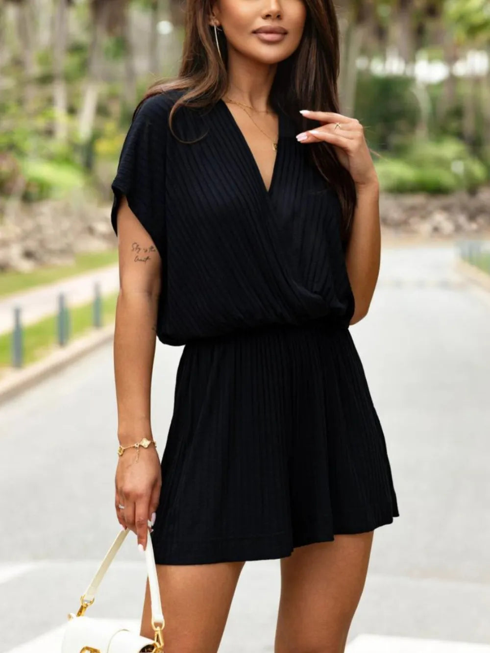 Surplice Short Sleeve Romper Black / S