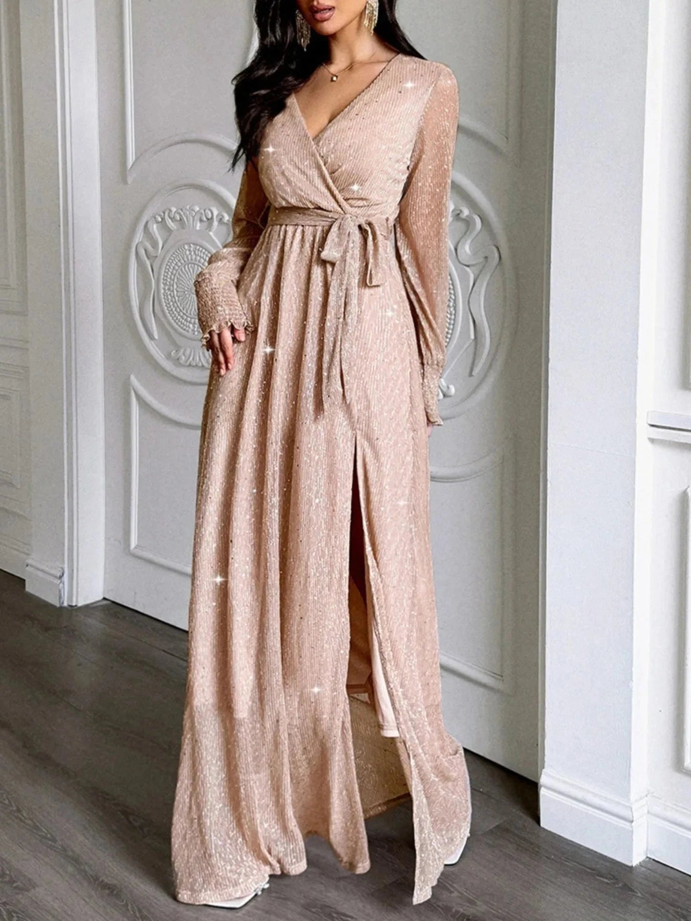 Surplice Slit Tie Waist Maxi Dress Gold / S