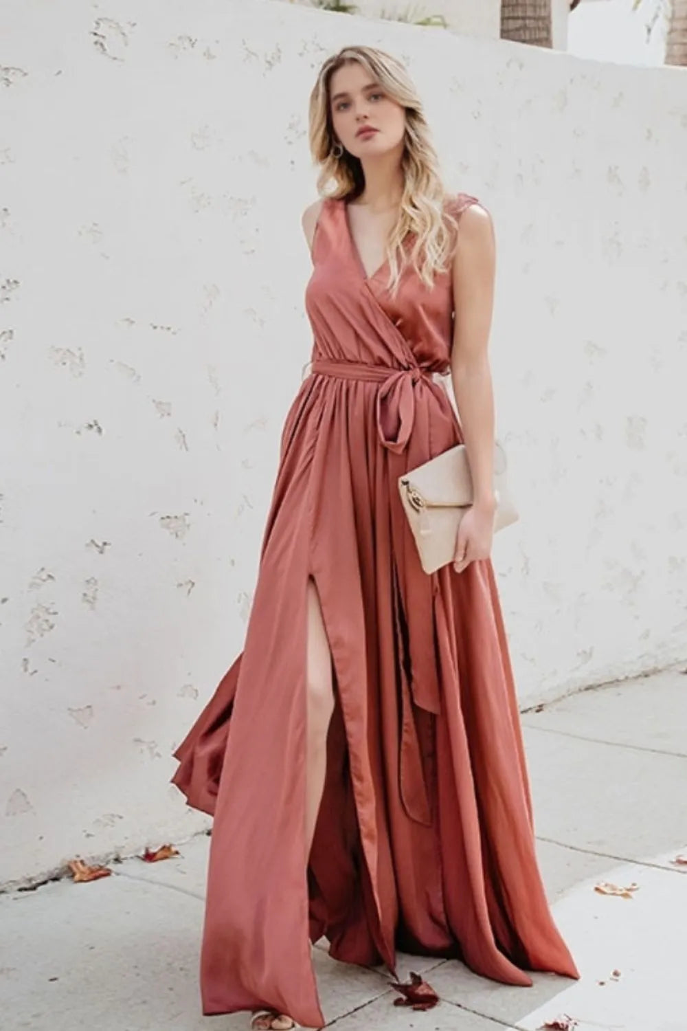 Surplice Tie Waist Maxi Dress Dusty Pink / S