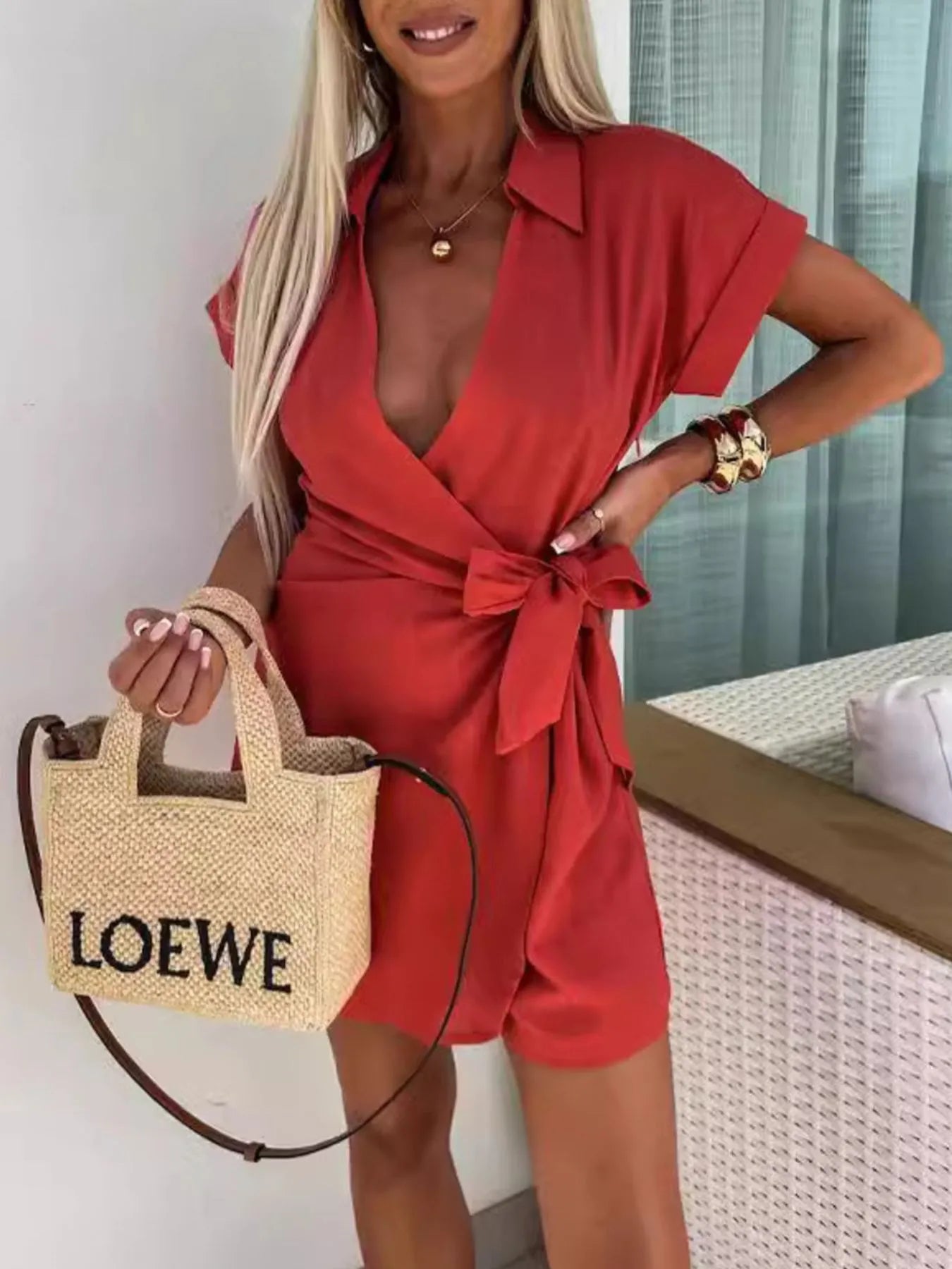 Surplice Tie Waist Short Sleeve Romper Deep Red / S