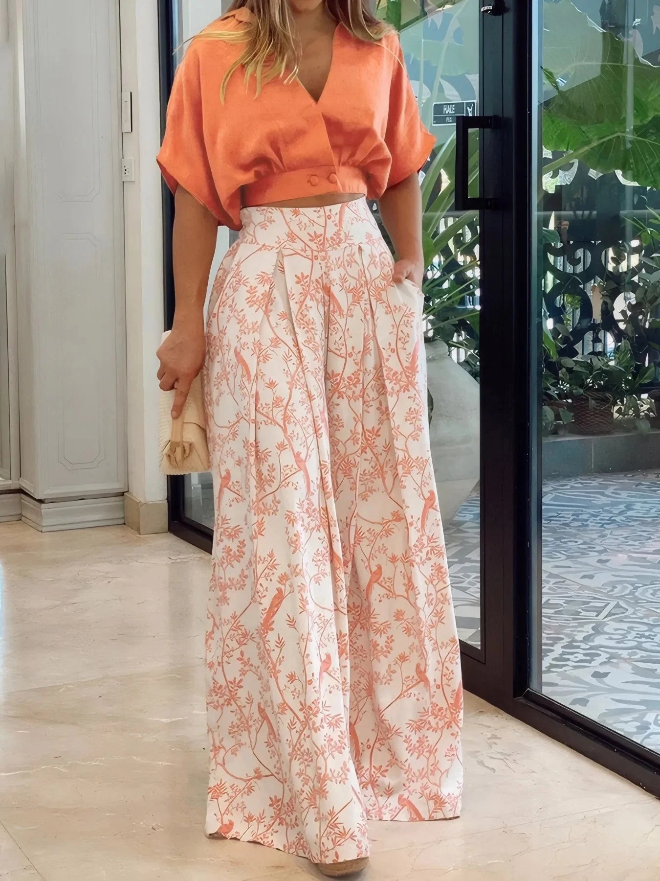 Surplice Top and High Waist Pants Set Sherbet / S