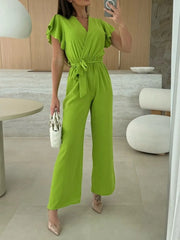 Surplice Wide Leg Belted Jumpsuit Lime / S