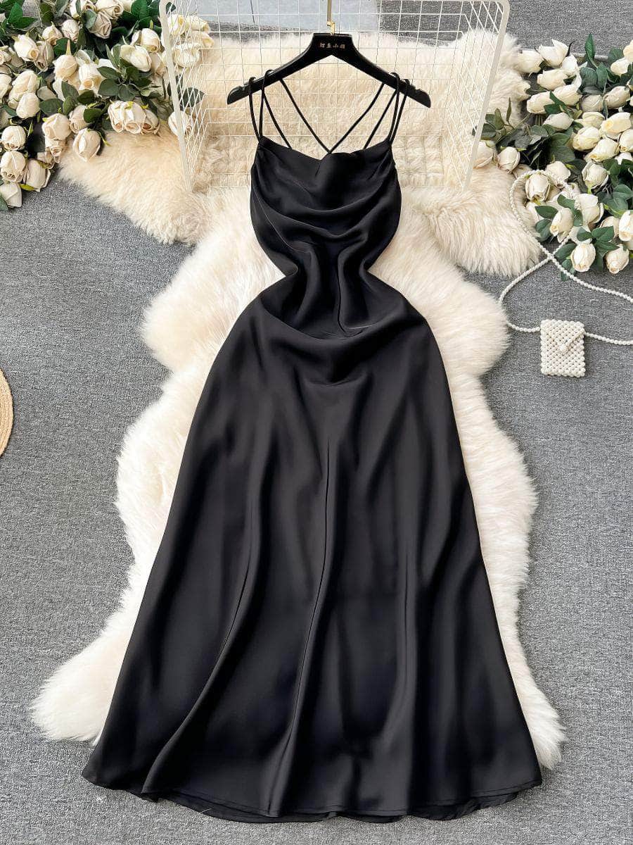 Suspender Draped Satin Backless Mermaid Dress S / Black