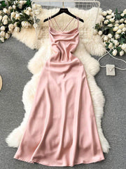 Suspender Draped Satin Backless Mermaid Dress S / Pink