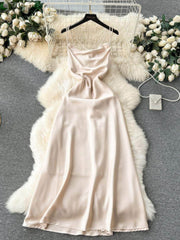 Suspender Draped Satin Backless Mermaid Dress S / Tan