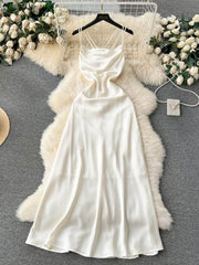 Suspender Draped Satin Backless Mermaid Dress S / White