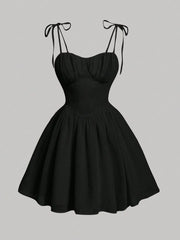 Sweetheart Neck Tie Shoulder Dress Black / M