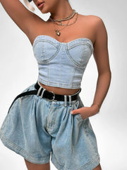 Sweetheart Neck Tube Top and Shorts Denim Set Light Blue / S