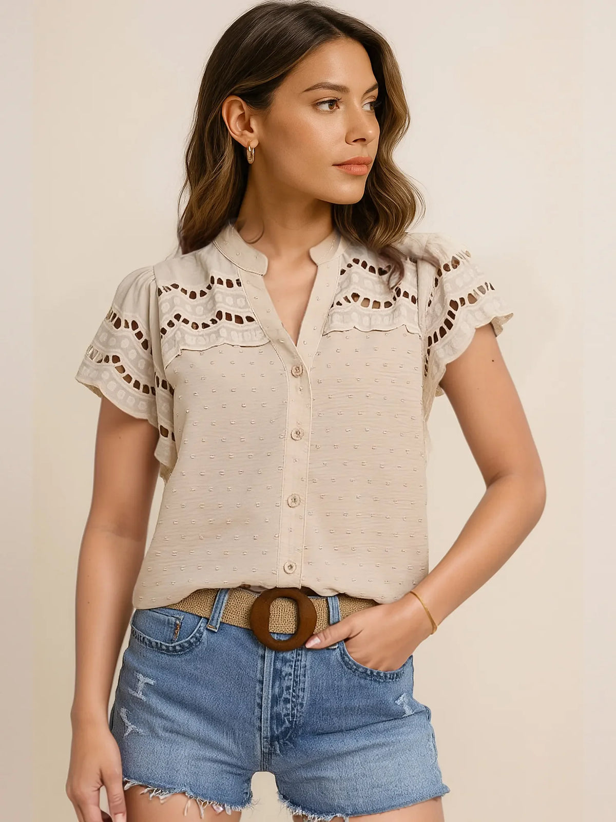 Swiss Dot Cutout Button Down Shirt Apricot / S