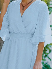 Swiss Dot Flare Sleeve Wrap Mini Dress