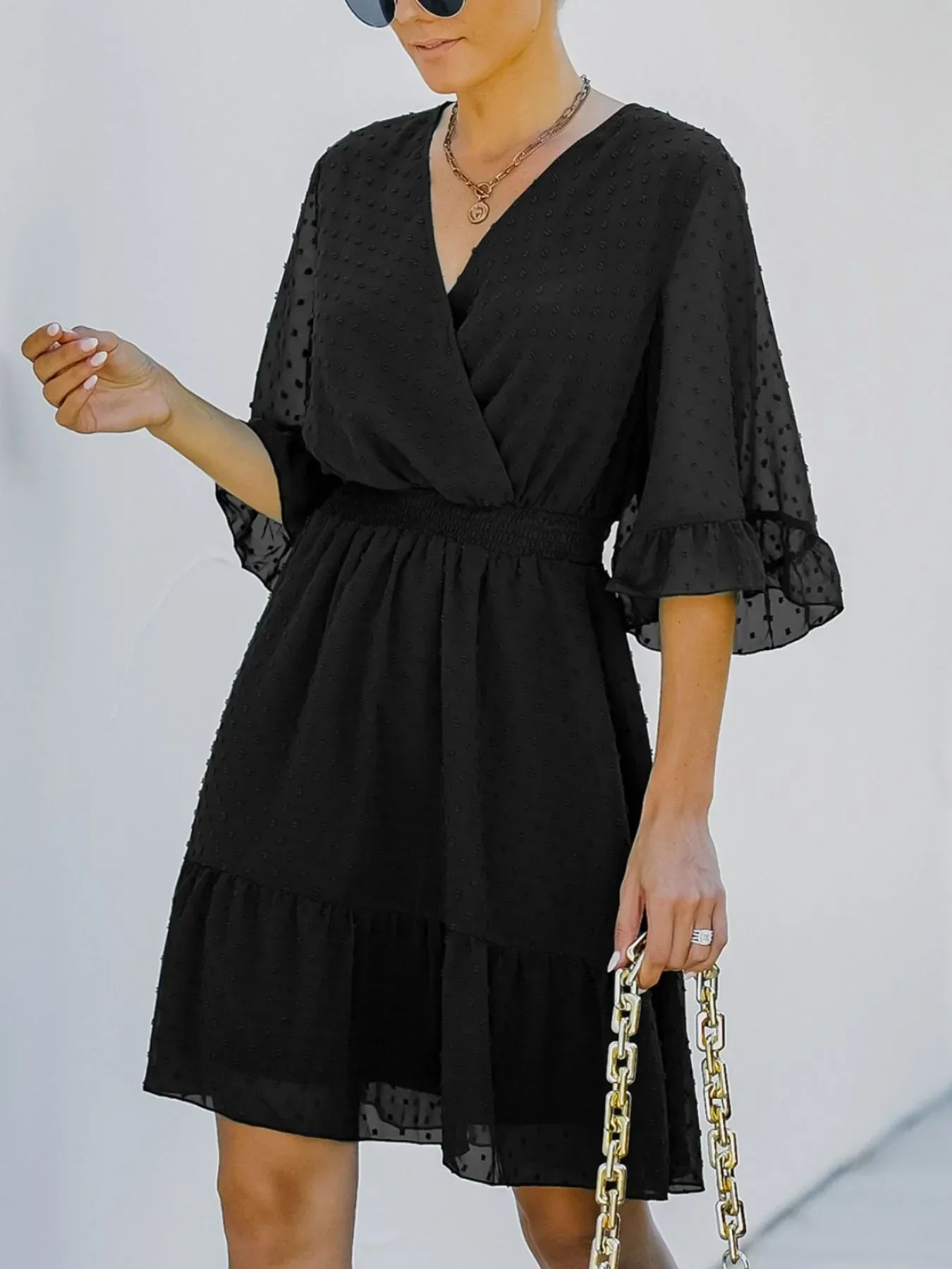 Swiss Dot Flare Sleeve Wrap Mini Dress Black / S