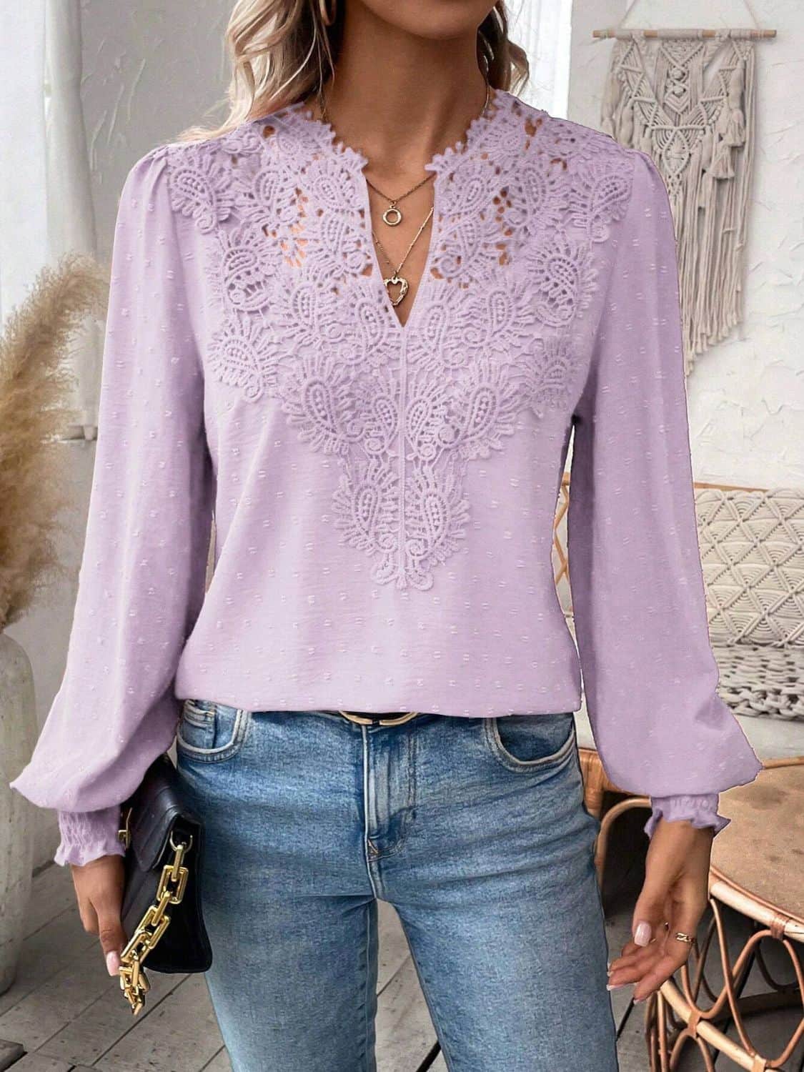 Swiss Dot Lace Detail Notched Long Sleeve Blouse Pink Purple / S