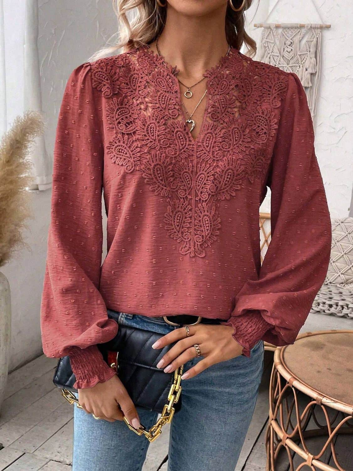 Swiss Dot Lace Detail Notched Long Sleeve Blouse Rust / S