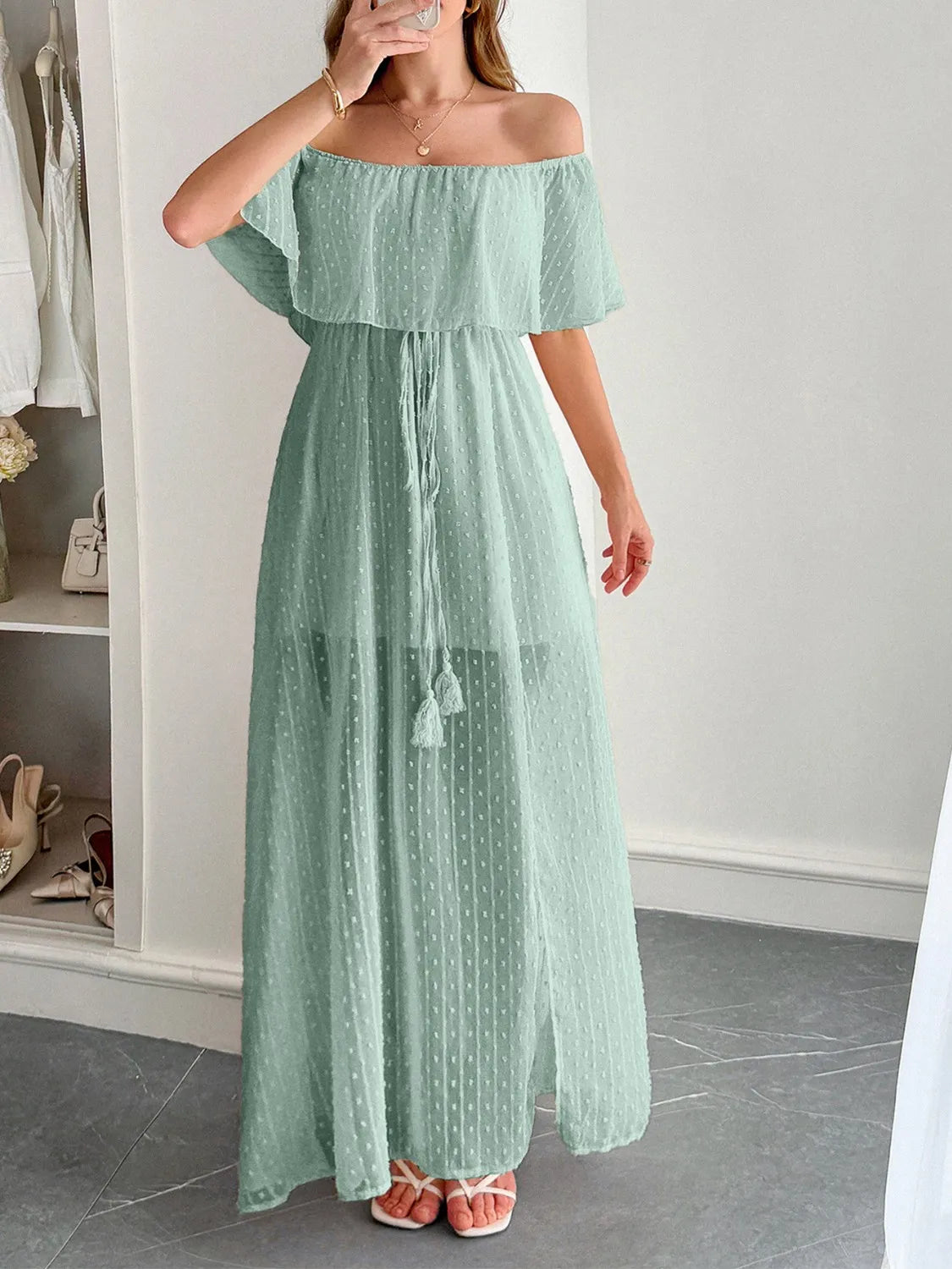 Swiss Dot Off Shoulder Maxi Dress Gum Leaf / S