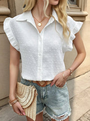Swiss Dot Ruffled Cap Sleeve Shirt