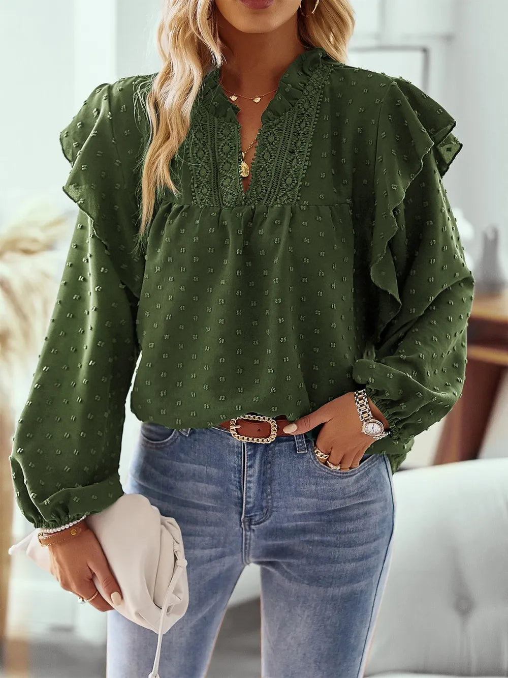 Swiss Dot Ruffled Long Sleeve Blouse Army Green / S