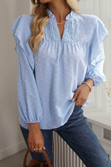 Swiss Dot Ruffled Long Sleeve Blouse Light Blue / S
