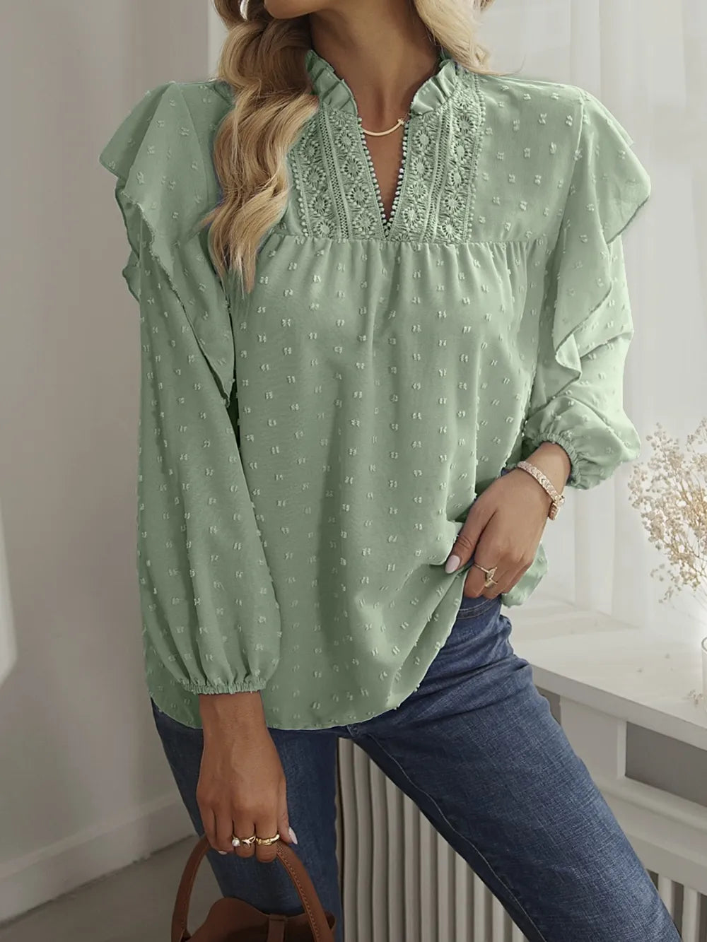 Swiss Dot Ruffled Long Sleeve Blouse Light Green / S