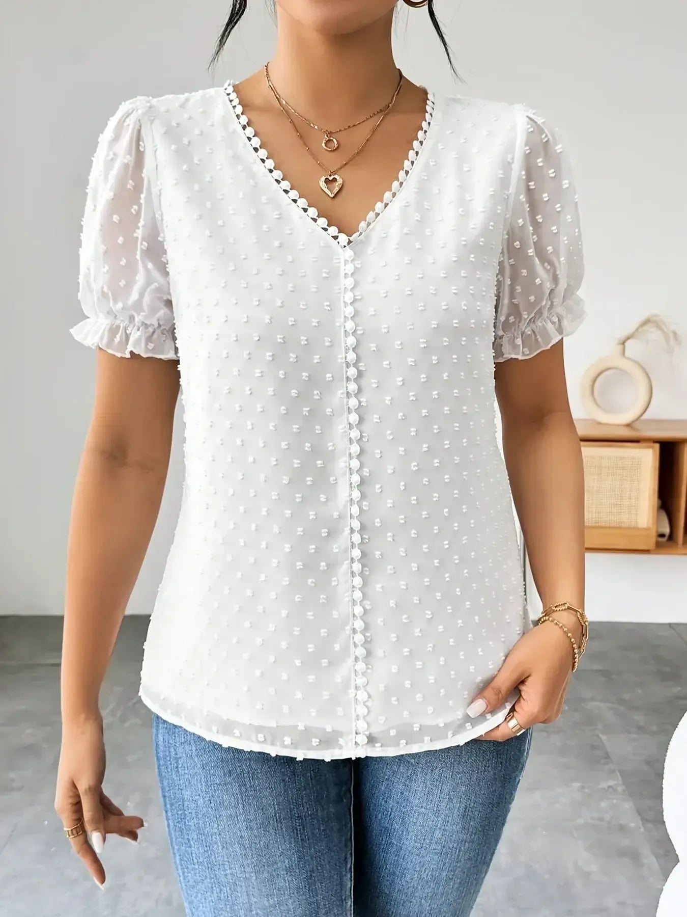 Swiss Dot Short Sleeve Blouse